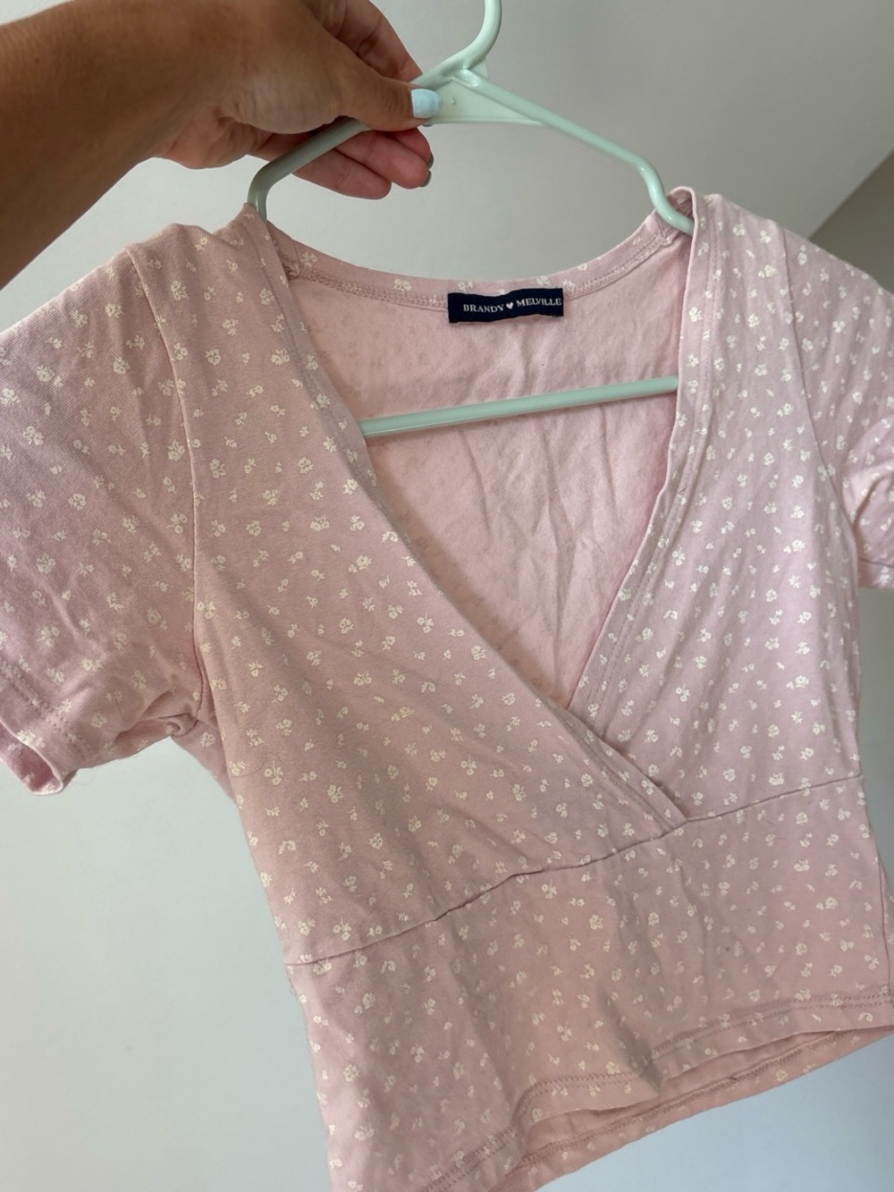 Brandy Melville Pale Pink Floral V-Neck Tee